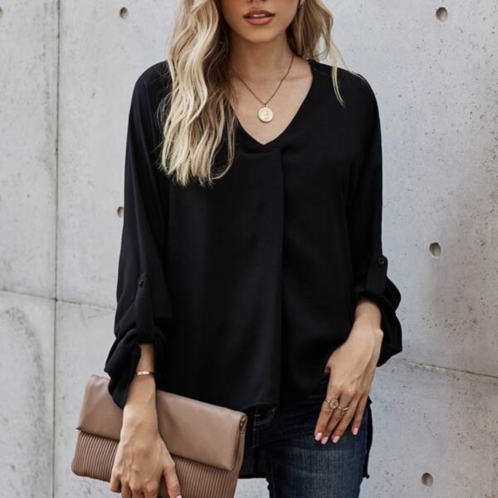 Burgundy V neck High Low Top Classic Minimalist Work Office - Picture 2 of 13